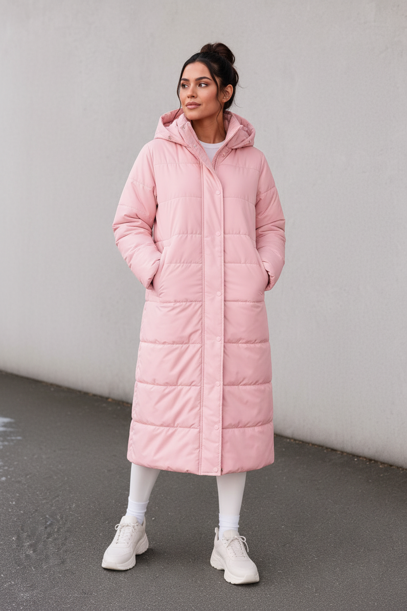 Baby Pink Long Puffer Jacket - Clean Background