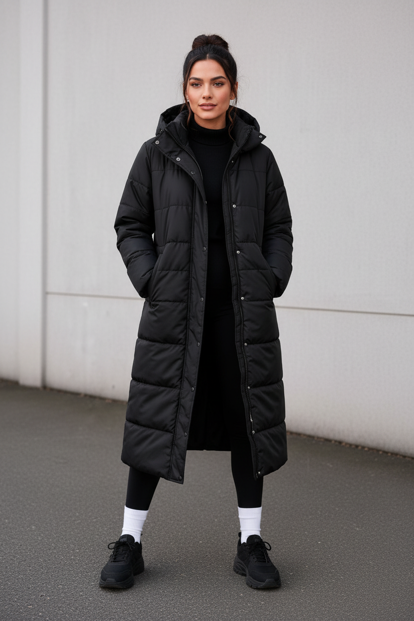 Black Long Puffer Jacket - Clean Background