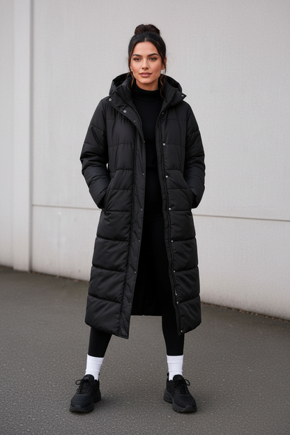 Black Long Puffer Jacket - Clean Background