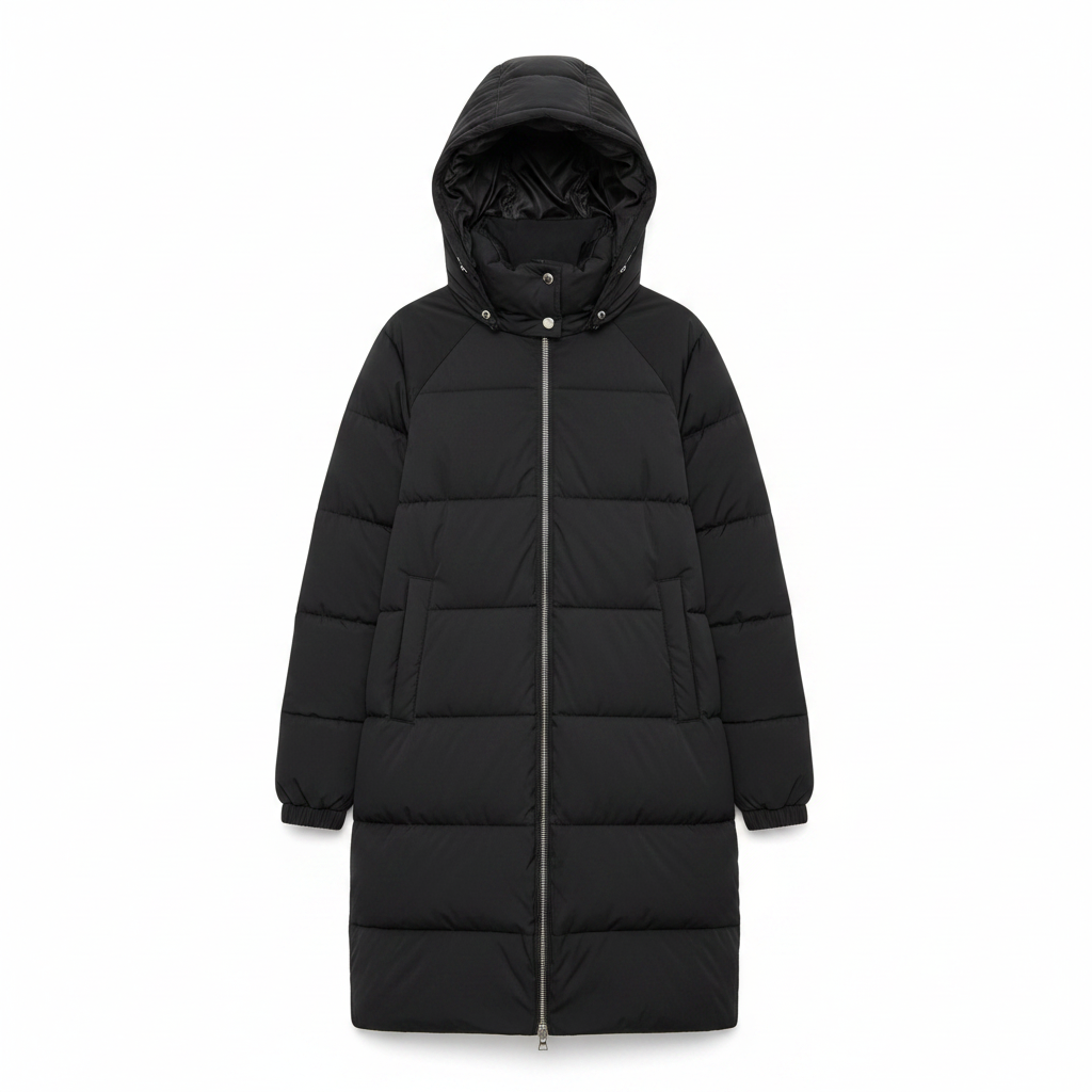 Black Long Puffer Jacket - White Background