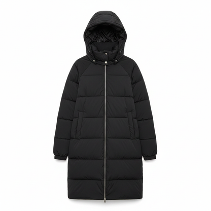 Black Long Puffer Jacket - White Background