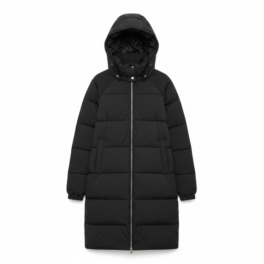 Black Long Puffer Jacket - White Background